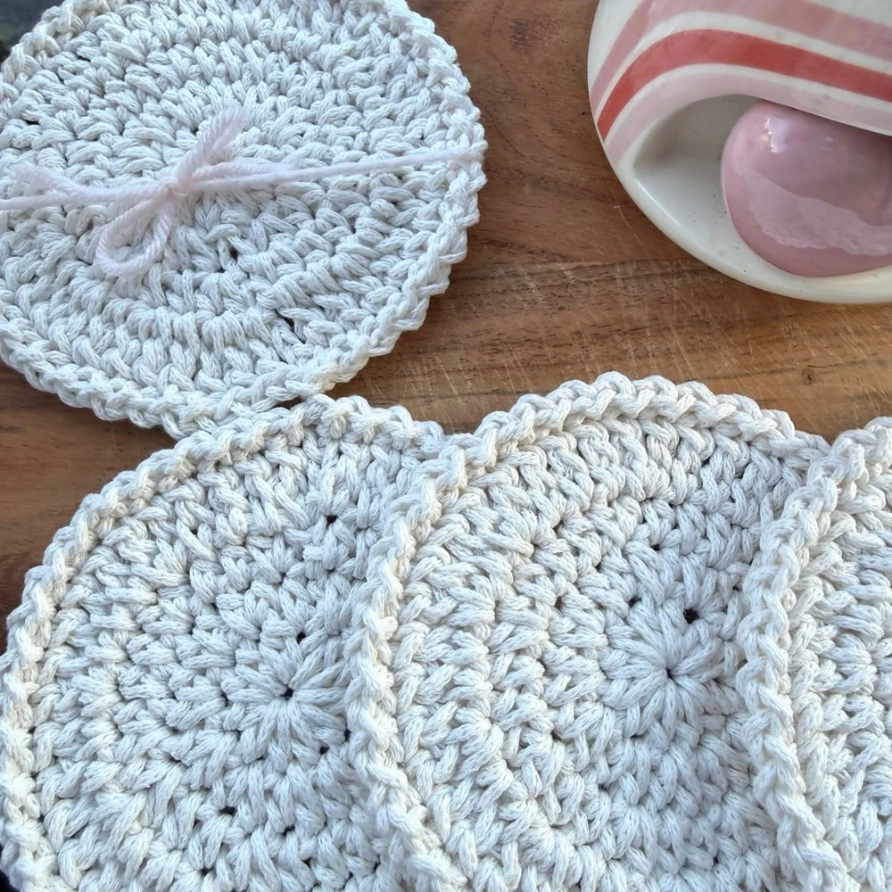 Handmade Crochet Coaster Set – Neutral Cotton Drink Coasters (Set of 4)